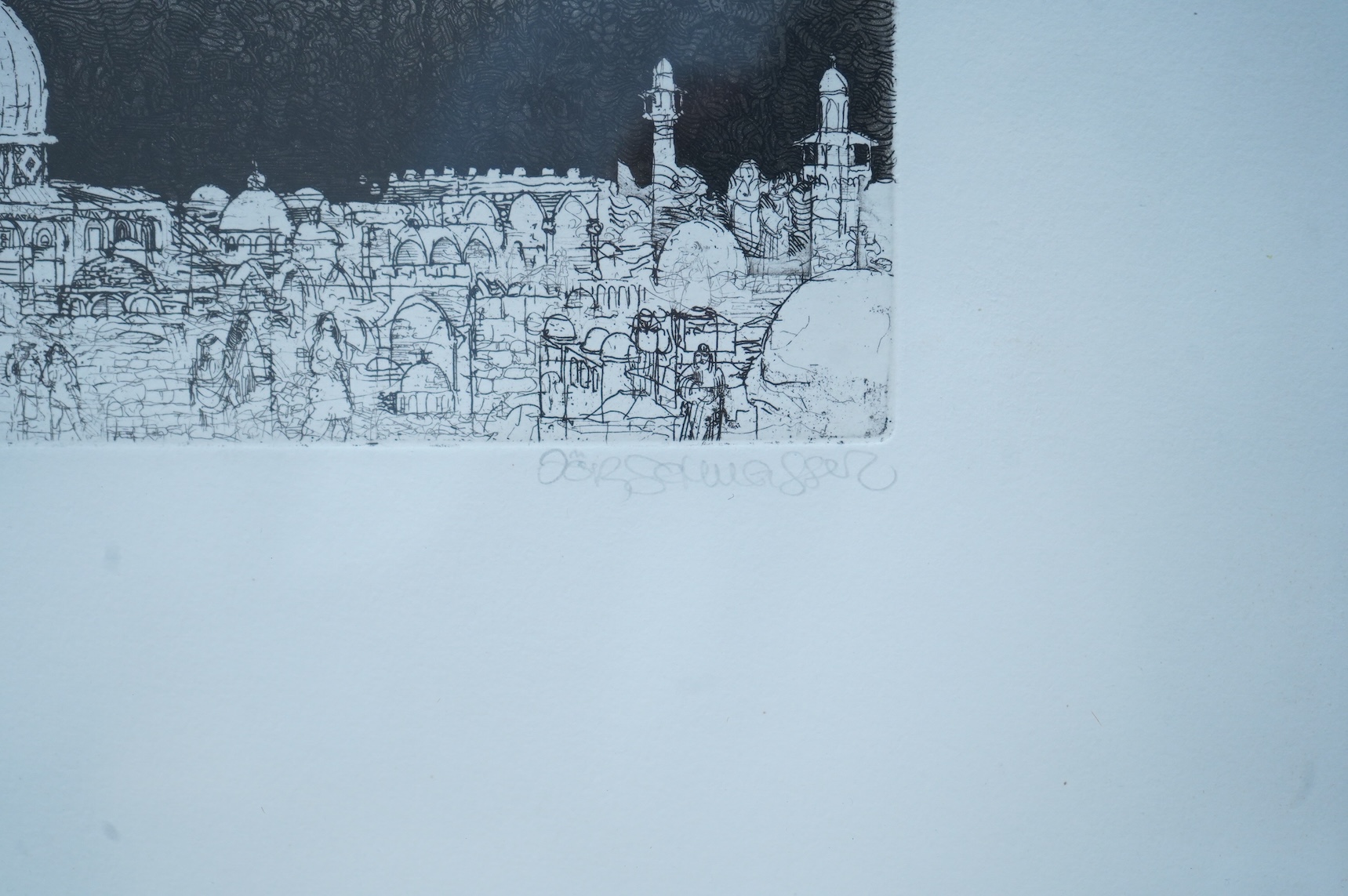 Jorg Schmeisser (1942-2012), ‘Jerusalem’, signed and inscribed in pencil, etching, 30 x 35cm